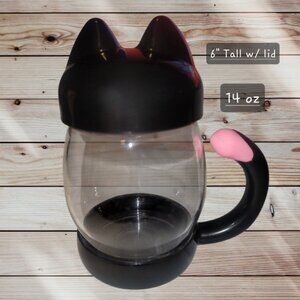 Cute BLACK Cat Teacup Glass Mug with Screw on Lid - 14oz